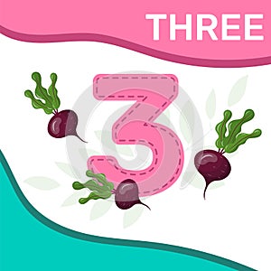 Preschool game for kids learning to count. Number three. Bright colorful elements