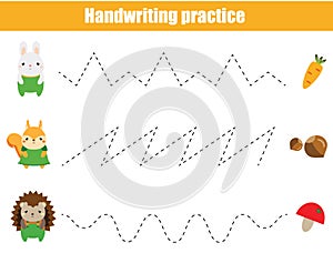Preschool handwriting practice sheet. Educational children game. Printable worksheet for kids and toddlers. Tracing lines