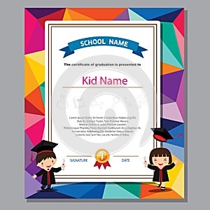 Preschool kids boys and girls Diploma certificate colorful background design template