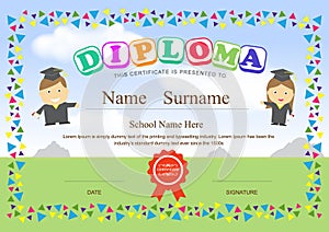 Preschool kids diploma certificate design template