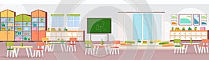 Preschool modern kindergarten children classroom with chalkboard desks chairs and playground decoration furniture empty