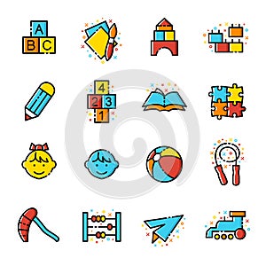 Preschool related line coloured vector icon set