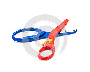 Preschool scissors with training lever for kids isolated on white