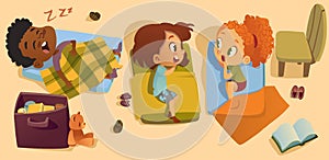 Preschool Sleep Time Baby Vector Illustration. Kindergarten Multiracial Children Bedtime, Girl Friend Gossip. African