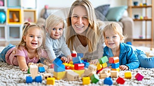 Preschool teacher engaging children in play with colorful wooden toys for immersive learning