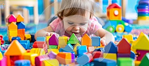 Preschool teacher guiding kids in interactive play with diverse colorful wooden toys