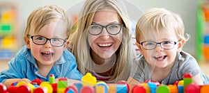 Preschool teacher guiding young children in play with colorful wooden toys for interactive learning