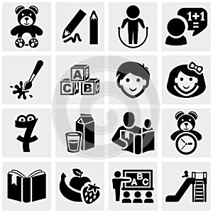 Preschool vector icons set on gray.