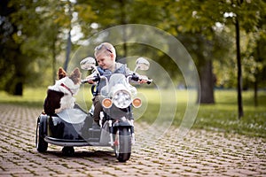 Preschooler driving electrical motorcycle toy with sidecar and his dog in it
