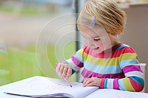 Preschooler girl drawing on paper with felt-tip pen