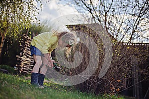 Preschooler girl helps to cut branches in spring sunny garden