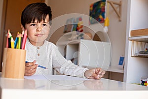 Preschooler kid drawing with coloured pencils. Homeschooling. Learning community. Montessori school