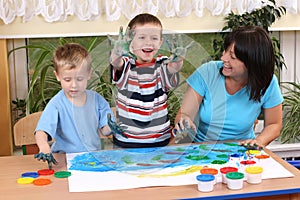 Preschoolers and fingerpainting photo