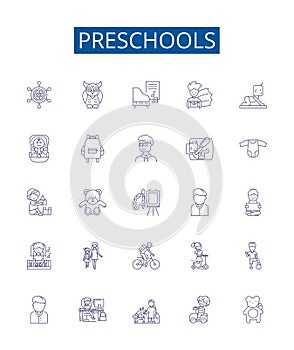 Preschools line icons signs set. Design collection of Preschools, Nurseries, Daycares, Kindergartens, Learning, Early