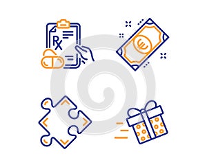 Prescription drugs, Euro money and Strategy icons set. Present delivery sign. Pills, Cash, Puzzle. Vector