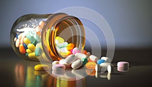 Prescription Drugs, Pills Spilling from Bottle onto Tabletop, Generative AI