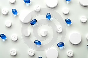 Prescription drugs therapy and drugstore pharmaceuticals conceptual idea  with monochromatic full frame pattern of scattered mixed