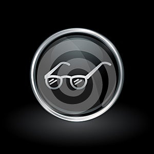 Prescription eye glasses icon inside round silver and black emblem