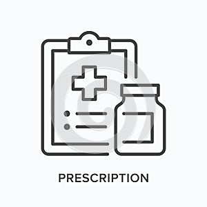 Prescription flat line icon. Vector outline illustration of document and pharmacy bottle. Black thin linear pictogram