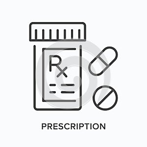 Prescription flat line icon. Vector outline illustration of drug bottle. Black thin linear pictogram for pharmacy rx jar
