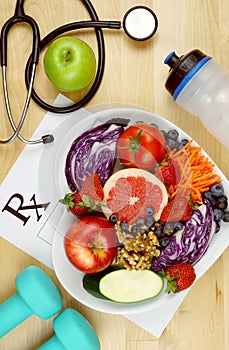 Prescription for good health diet and exercise flat lay overhead.