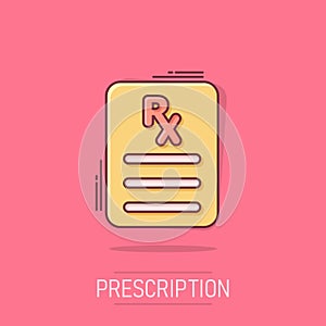 Prescription icon in comic style. Rx document cartoon vector illustration on white isolated background. Paper splash effect