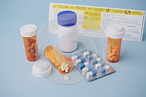The prescription medication and healthcare concept on blue background