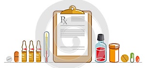 Prescription of medicine concept, different drugs and meds vector flat style illustration isolated over white, advertising banner