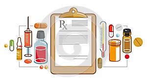 Prescription of medicine concept, different drugs and meds vector flat style illustration isolated over white, advertising banner