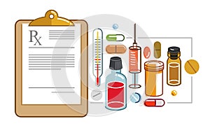 Prescription of medicine concept, different drugs and meds vector flat style illustration isolated over white, advertising banner