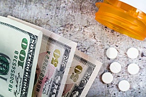 Prescription medicine on dollars for pharmaceutical industry concept