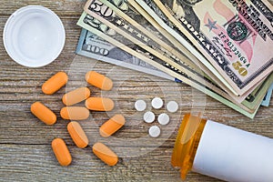 Prescription medicine on dollars for pharmaceutical industry concept photo
