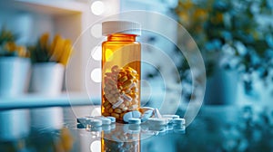 Prescription opioids, a bottle of pills, set on a mirrored table, a reflection of the complexities of healthcare, Ai Generated