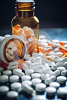 Prescription opioids with many bottles of pills in the background. Concepts of addiction, opioid crisis, overdose and