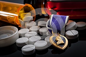 Prescription pills, a bottle of alcohol and a purple heart medal, illustrating the reality of