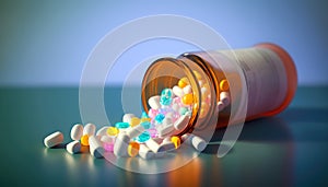 Prescription Pills Bottle Drugs Spilling Out on Table, Generative AI