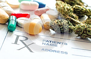 Prescription pills with medical cannabis and prescription paper