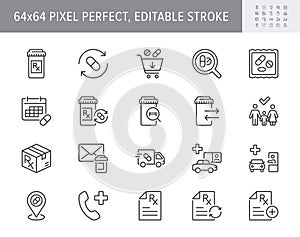 Prescription refill line icons. Vector illustration include icon - pharmacy, rx bottle, medication, drive thru, pharma