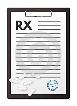 Prescription rx medical pad and pharmacy drug pills, realistic 3d medicine paper blank
