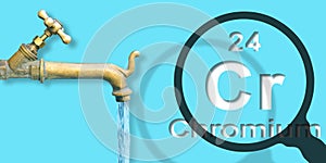 Presence of Chromium in drinking water - concept with the Mendeleev periodic table, old water brass faucet and magnifying glass