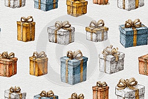 Present bow. Seamless pattern. Bright gift boxes. Hand drawn. Minimalist style