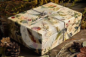 A present box adorned with a bow featuring leaf and floral designs, A nature-inspired gift box featuring leaf and floral motifs photo