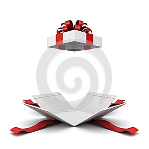 Present box or blank gift box with red ribbon and bow open isolated on white background