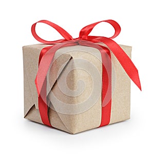 Present box from brown papaer with red ribbon bow
