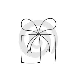Present box continuous editable line vector illustration. Wrapped surprise package with ribbon and bow.
