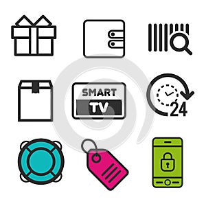 Present box icon. Smart TV symbol. Lifebouy icon. Price tag sign. 24h open and Package icons