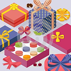 Present box with macarons, vector illustration. Decorative gift boxes in isometric perspective, birthday package. French