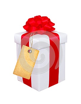 Present box with red bow and blank tag isolated on white