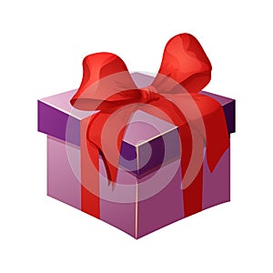 Present box with red bow, ribbon cute gift with wrapped paper, surprise in cartoon style isolated on white background.