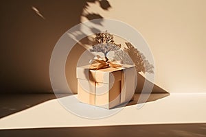 Present box with tree branch shadows on beige background, created with Generative AI Technology